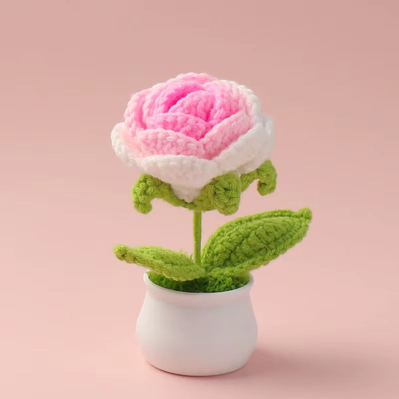 Charming Crochet Tulips in Pot - Vibrant Knitted Flower Decor for Home and Parties