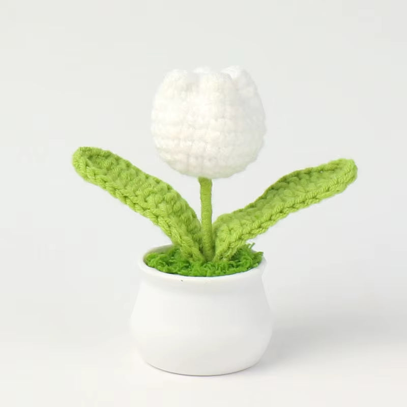 Charming Crochet Tulips in Pot - Vibrant Knitted Flower Decor for Home and Parties