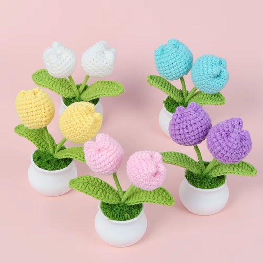 Charming Crochet Tulips in Pot - Vibrant Knitted Flower Decor for Home and Parties