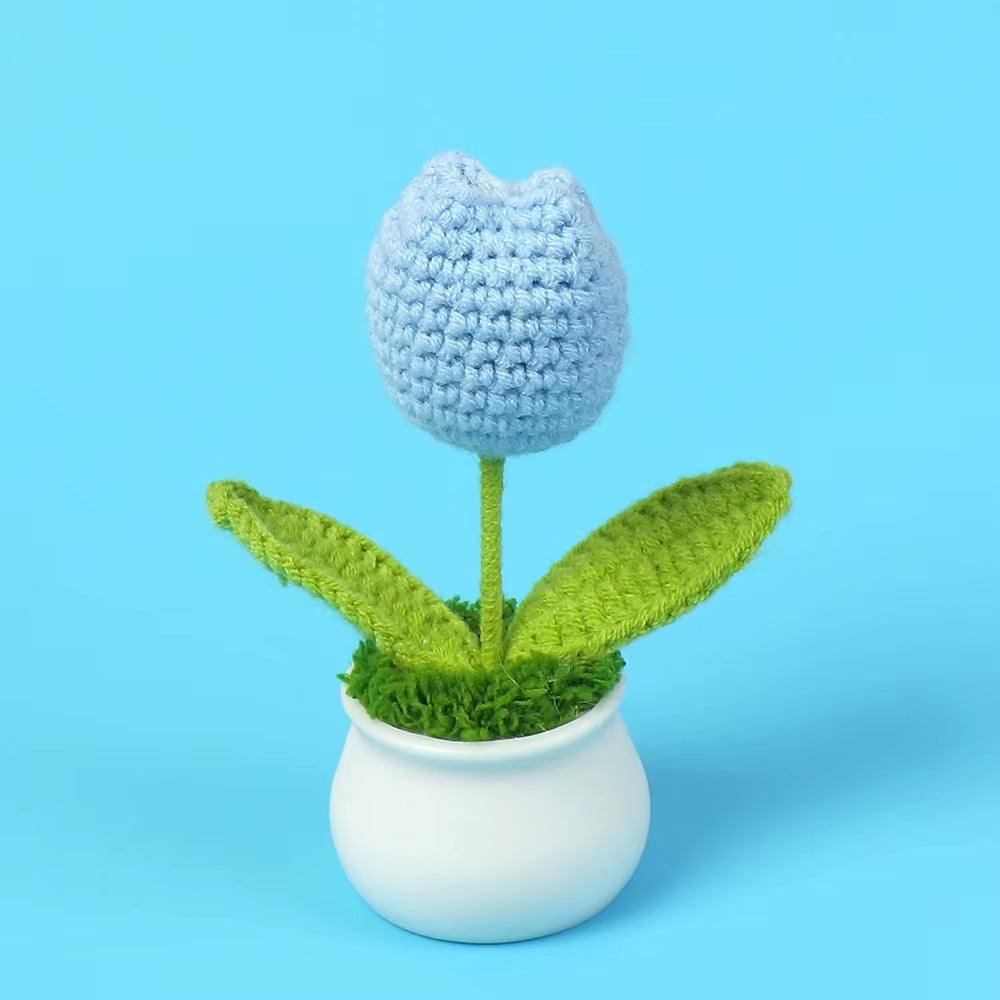 Charming Crochet Tulips in Pot - Vibrant Knitted Flower Decor for Home and Parties