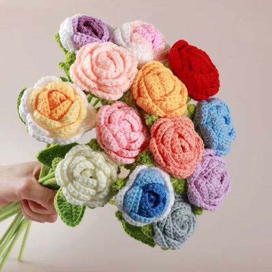 Enchanting 6-Piece Multi-Color Knitted Rose Bouquet - Forever Blooming Hand-Knitted Floral Elegance for Every Occasion