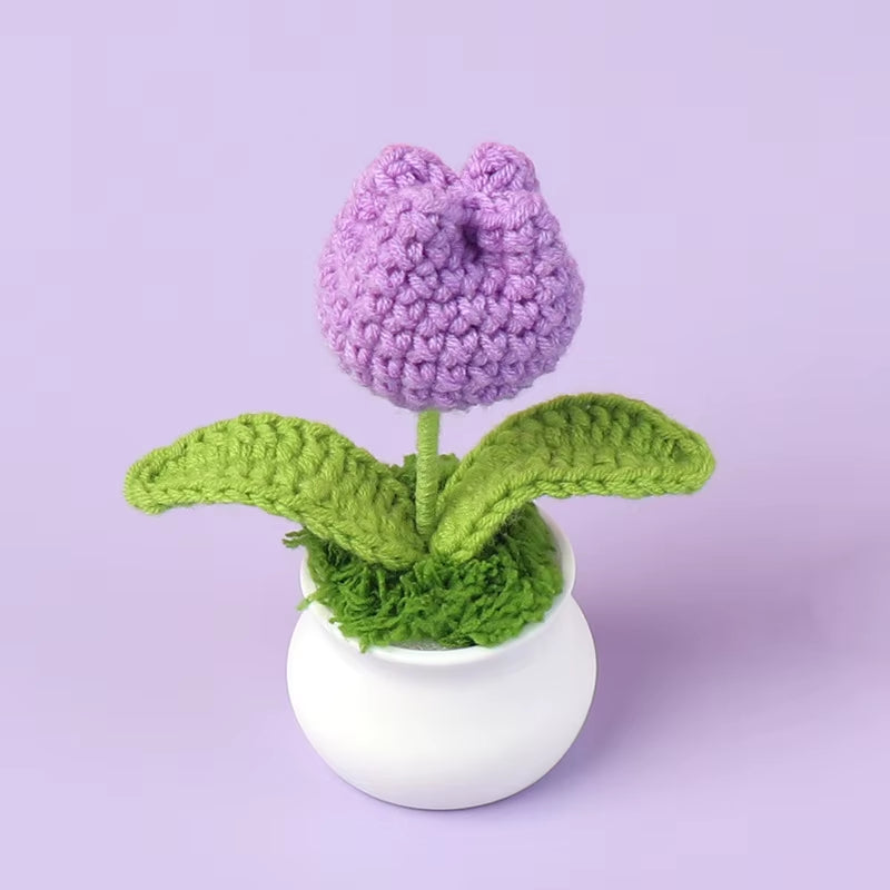 Charming Crochet Tulips in Pot - Vibrant Knitted Flower Decor for Home and Parties