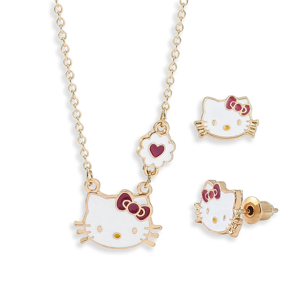 Sanrios Hello Kitty Necklace and Earrings Set Simple KT Cat Charms Ear Studs Earrings for Women Fashion Y2K Jewelry Accessories