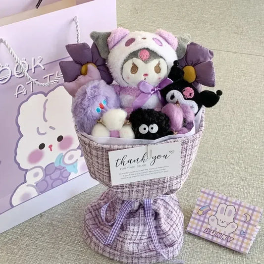 Delightful Sanrio Kuromi Plush Flower Bouquet - Adorable Hellokitty & Cinnamoroll Stuffed Dolls, Perfect Gift for Valentine’s Day!