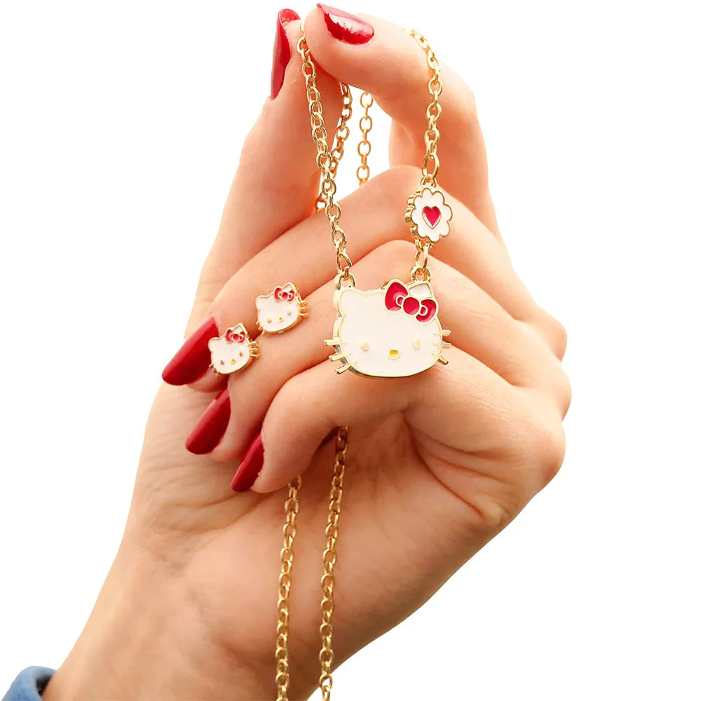 Sanrios Hello Kitty Necklace and Earrings Set Simple KT Cat Charms Ear Studs Earrings for Women Fashion Y2K Jewelry Accessories