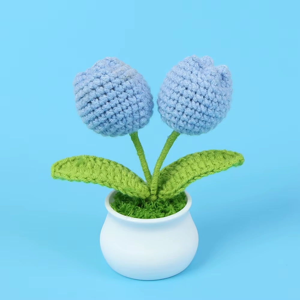 Charming Crochet Tulips in Pot - Vibrant Knitted Flower Decor for Home and Parties