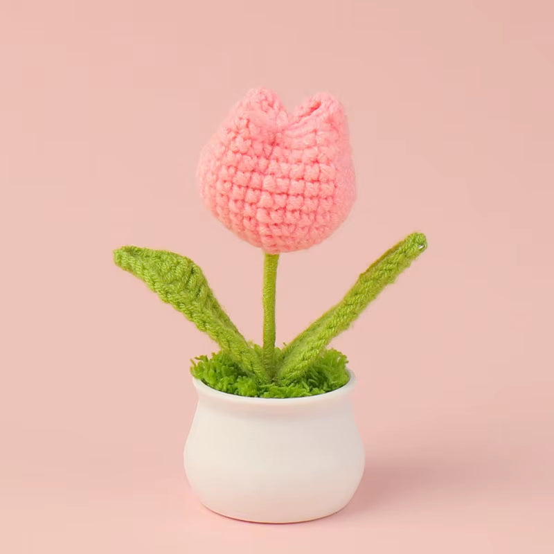 Charming Crochet Tulips in Pot - Vibrant Knitted Flower Decor for Home and Parties