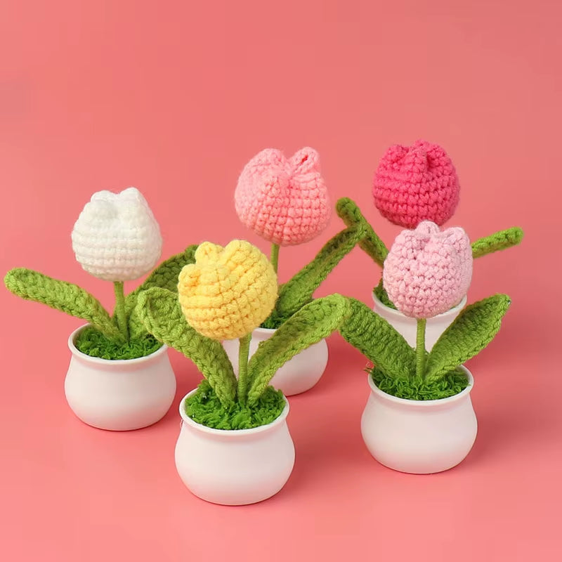 Charming Crochet Tulips in Pot - Vibrant Knitted Flower Decor for Home and Parties