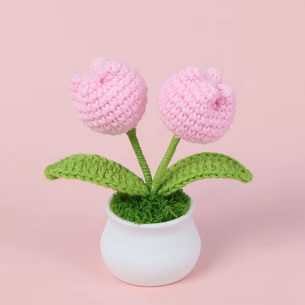 Charming Crochet Tulips in Pot - Vibrant Knitted Flower Decor for Home and Parties