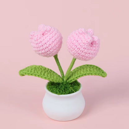 Charming Crochet Tulips in Pot - Vibrant Knitted Flower Decor for Home and Parties