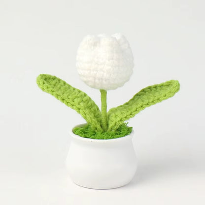 Charming Crochet Tulips in Pot - Vibrant Knitted Flower Decor for Home and Parties