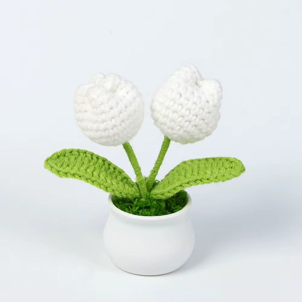 Charming Crochet Tulips in Pot - Vibrant Knitted Flower Decor for Home and Parties