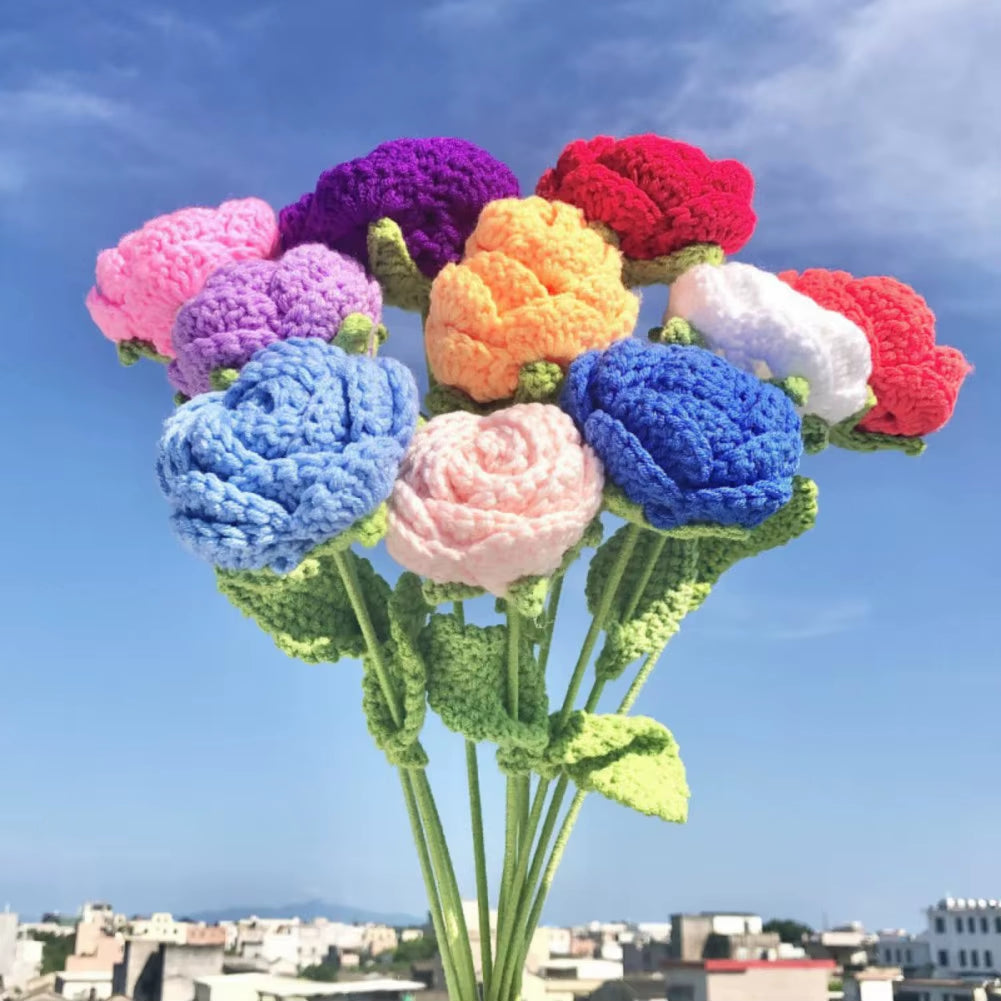 Enchanting 6-Piece Multi-Color Knitted Rose Bouquet - Forever Blooming Hand-Knitted Floral Elegance for Every Occasion