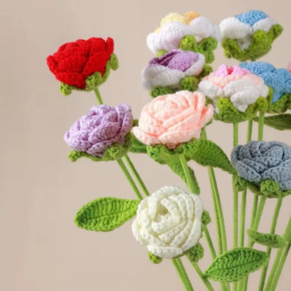 Enchanting 6-Piece Multi-Color Knitted Rose Bouquet - Forever Blooming Hand-Knitted Floral Elegance for Every Occasion