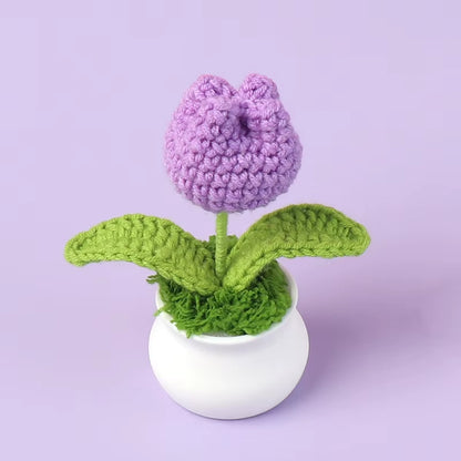 Charming Crochet Tulips in Pot - Vibrant Knitted Flower Decor for Home and Parties
