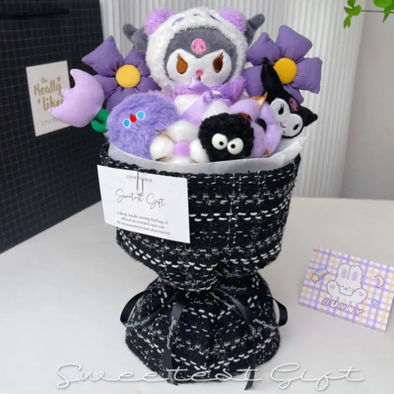 Delightful Sanrio Kuromi Plush Flower Bouquet - Adorable Hellokitty & Cinnamoroll Stuffed Dolls, Perfect Gift for Valentine’s Day!