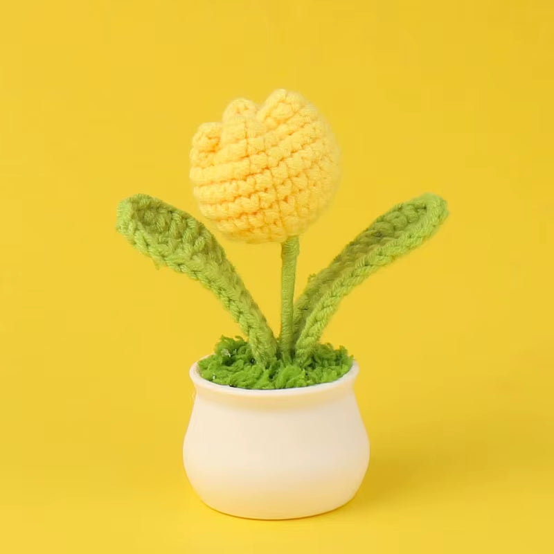 Charming Crochet Tulips in Pot - Vibrant Knitted Flower Decor for Home and Parties