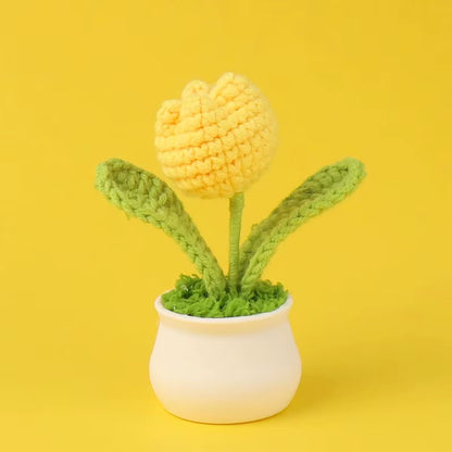 Charming Crochet Tulips in Pot - Vibrant Knitted Flower Decor for Home and Parties