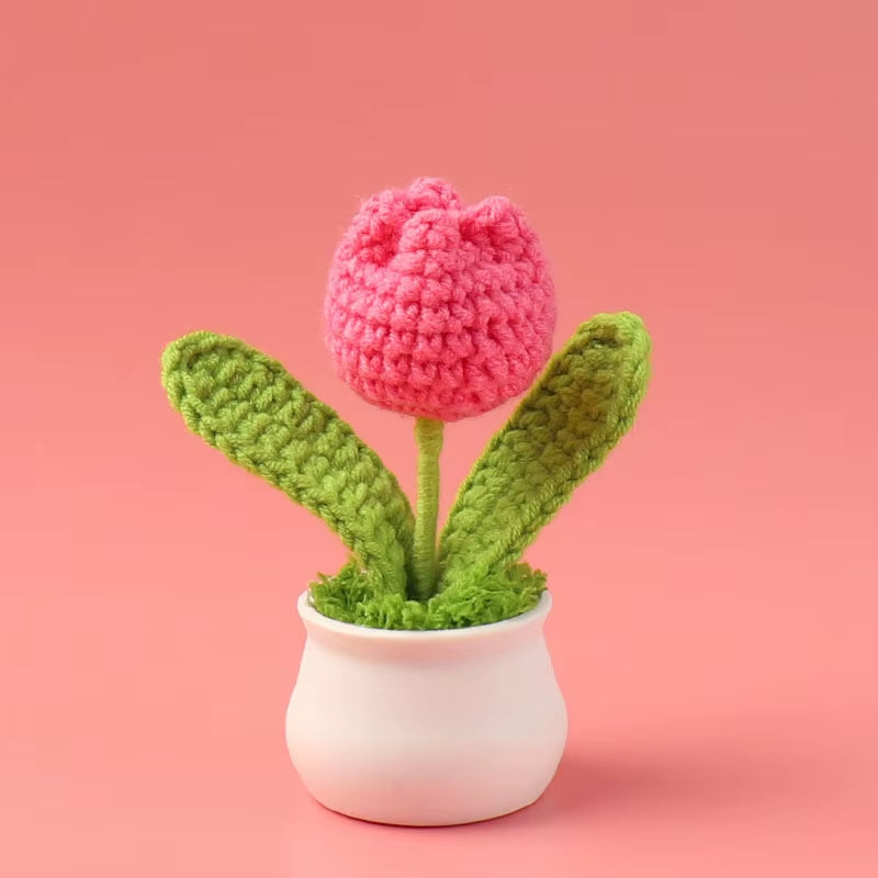 Charming Crochet Tulips in Pot - Vibrant Knitted Flower Decor for Home and Parties