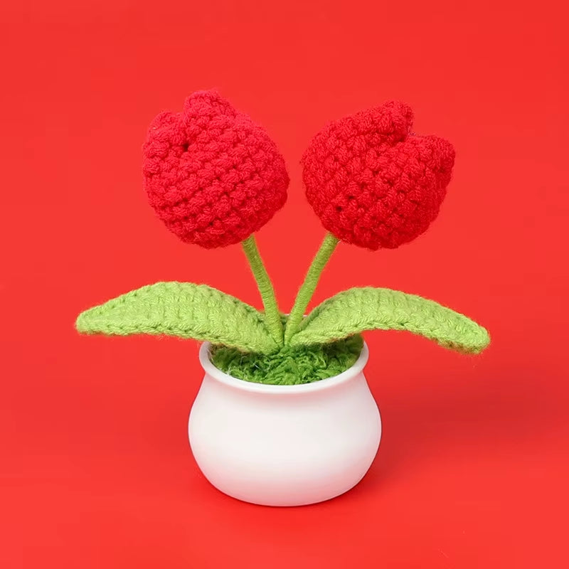 Charming Crochet Tulips in Pot - Vibrant Knitted Flower Decor for Home and Parties