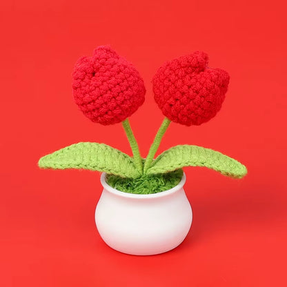 Charming Crochet Tulips in Pot - Vibrant Knitted Flower Decor for Home and Parties