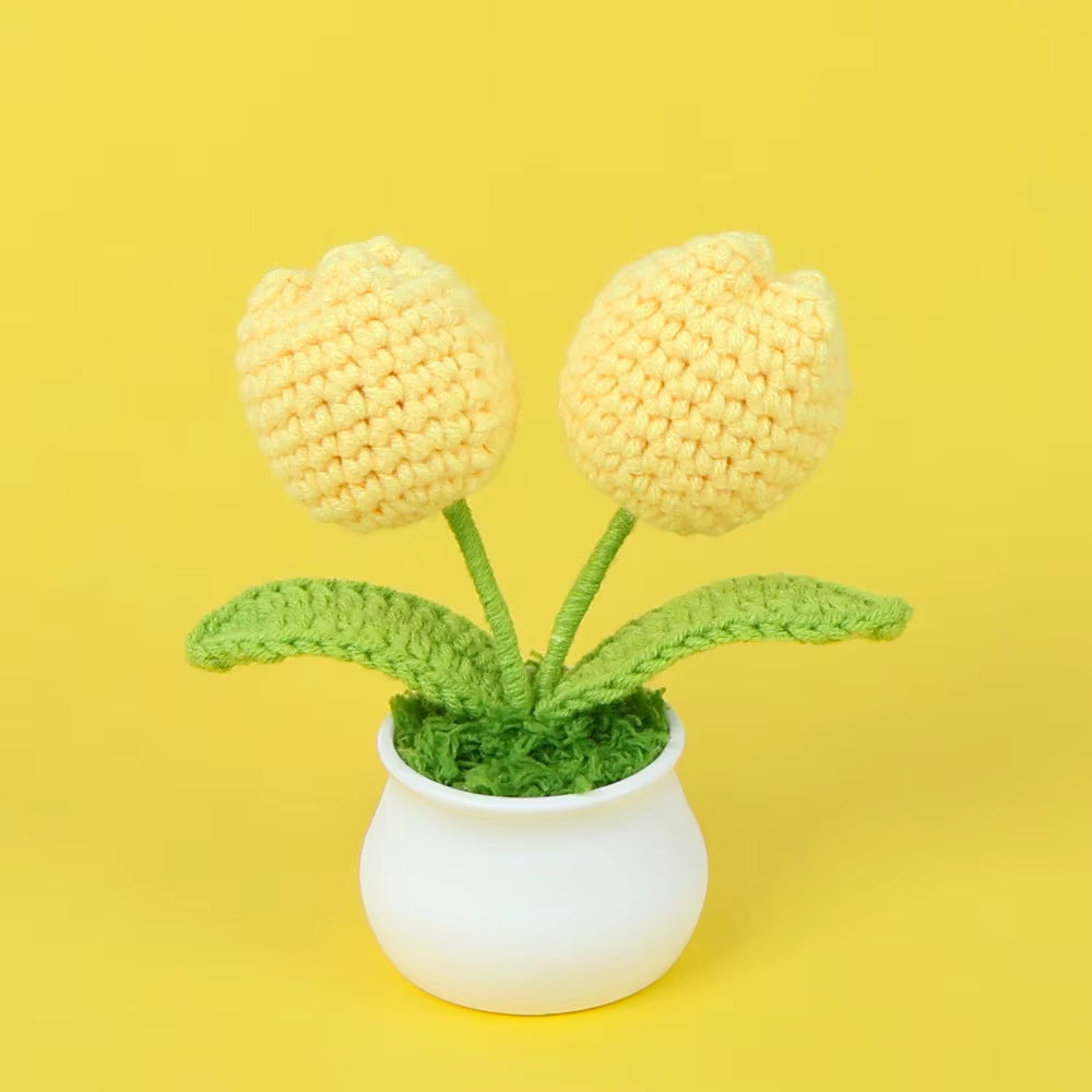 Charming Crochet Tulips in Pot - Vibrant Knitted Flower Decor for Home and Parties