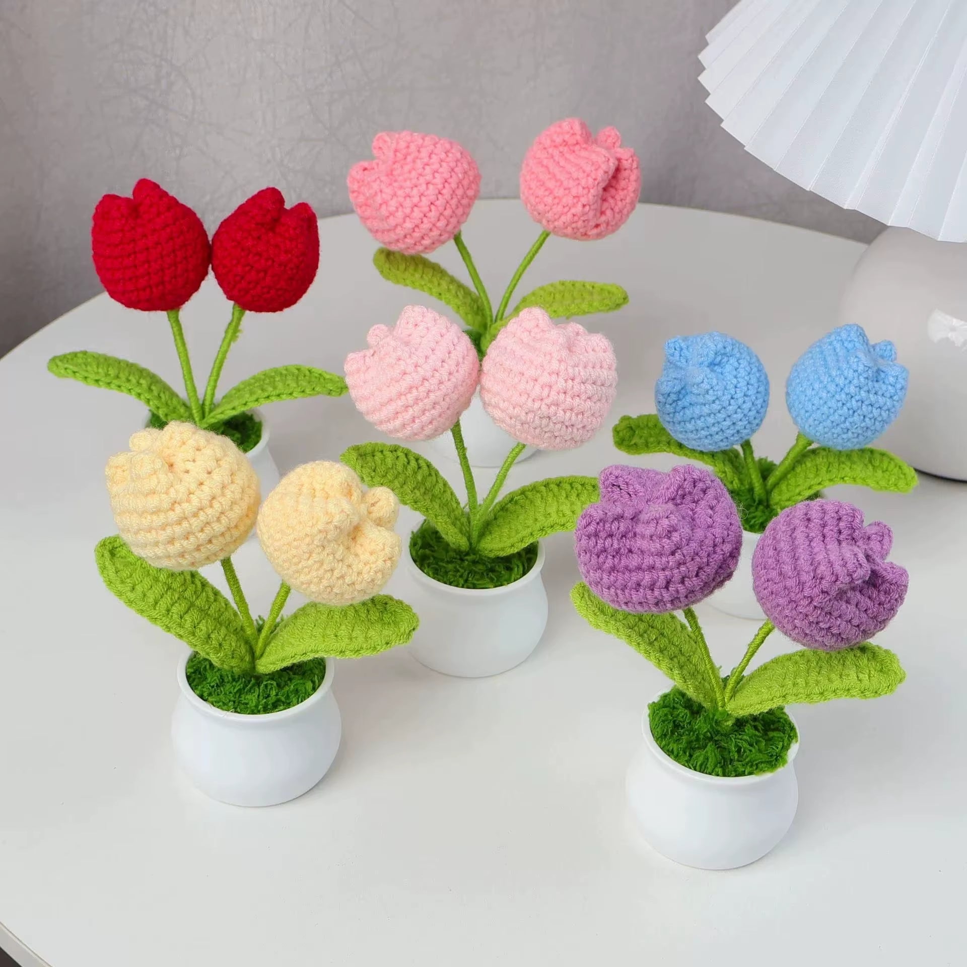 Charming Crochet Tulips in Pot - Vibrant Knitted Flower Decor for Home and Parties