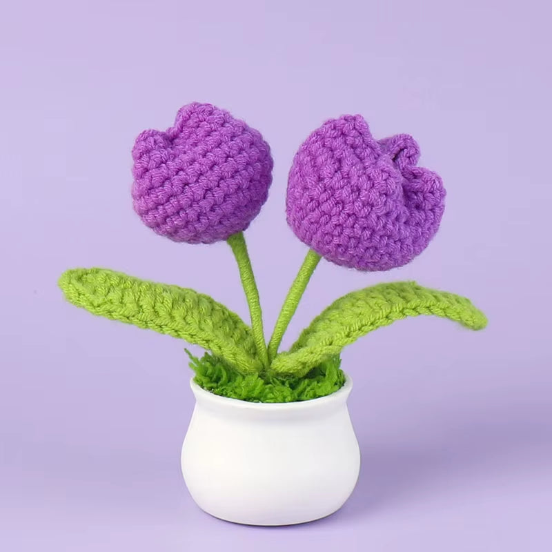 Charming Crochet Tulips in Pot - Vibrant Knitted Flower Decor for Home and Parties